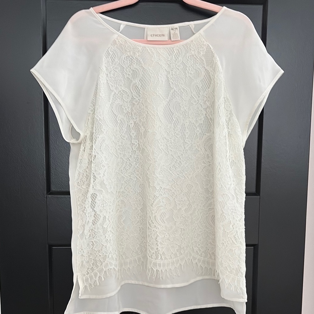 Chico’s White High/Low, Lace/Lined Cap Sleeve Blouse. Size 2=12/14